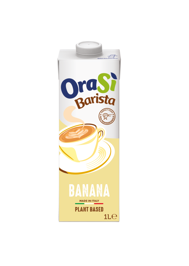 Confezione da 1 litro della bevanda vegetale OraSì Barista Banana, tappo a vite, tazza latte art.