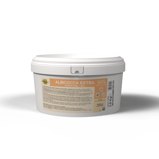 Vaschetta in plastica bianca con etichetta "Albicocca Extra 60% Confettura", 2,8 kg, etichetta arancione e beige.