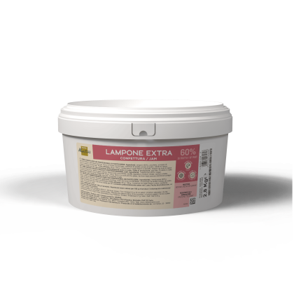 Vaschetta in plastica bianca di confettura Lampone Extra 60% al lampone, 2,8 kg, etichetta rosa su sfondo bianco.