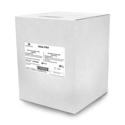 Scatola di cartone bianca con etichetta "Giga Frit", miscela di oli vegetali da 20L per friggitura professionale.
