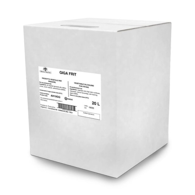 Scatola di cartone bianca con etichetta "Giga Frit", miscela di oli vegetali da 20L per friggitura professionale.