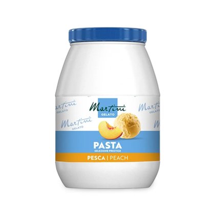 Barattolo bianco con coperchio blu, etichetta "Martini Gelato Pasta Selezione Prestige Pesca", con fetta di pesca