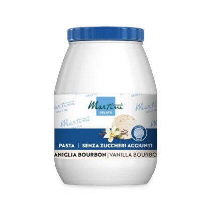 Vasetto di plastica bianco con coperchio blu, etichetta Martini Gelato pasta Vaniglia Bourbon, senza zuccheri aggiunt...