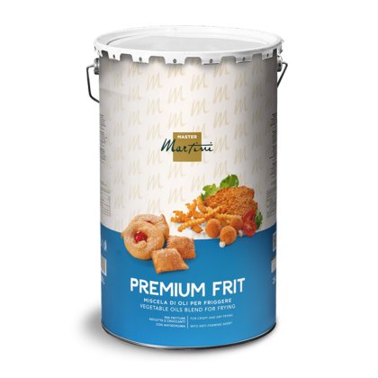 Secchio metallico di Master Martini Premium Frit, miscela di oli vegetali per friggere, con immagini di fritti.