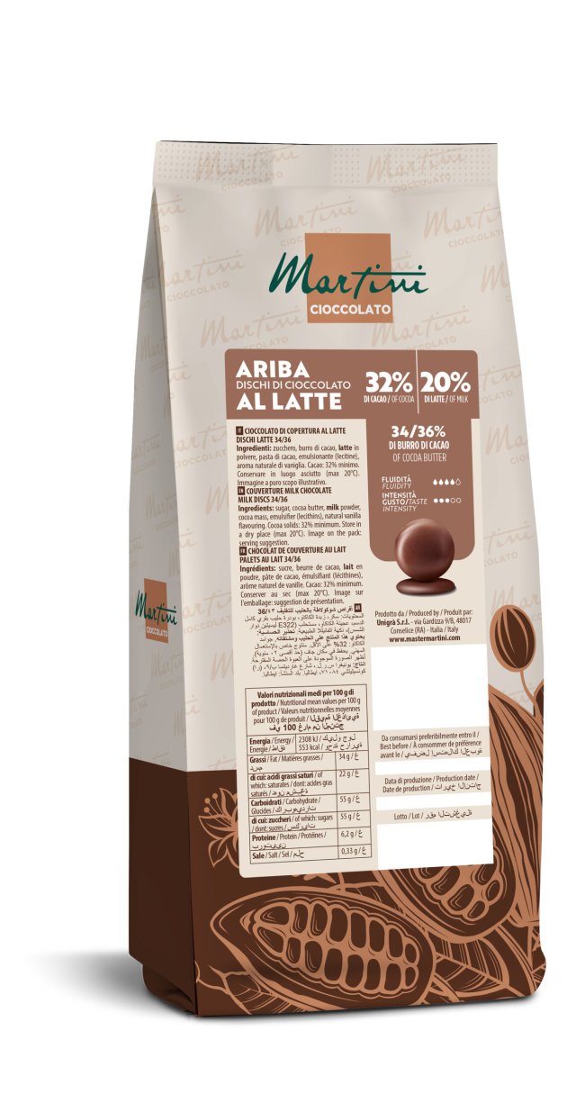 Busta stand-up di dischi di cioccolato al latte Martini Ariba, 32% cacao, con fantasia a fave di cacao marroni