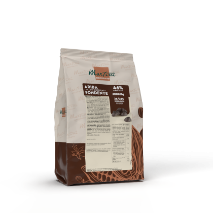 Sacchetto di gocce di cioccolato fondente Martini Ariba 46%, confezione marrone e bianca con etichetta nutrizionale.