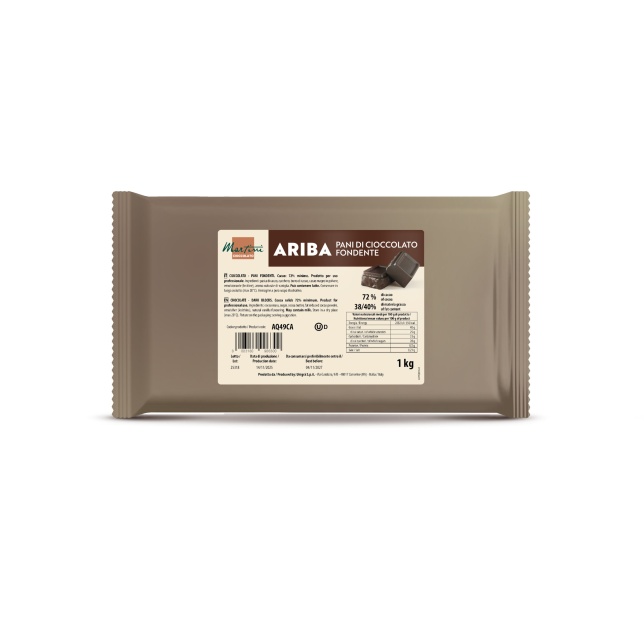 Confezione beige da 1kg di panetti di cioccolato fondente Martini Ariba, 72% cacao, su sfondo bianco.