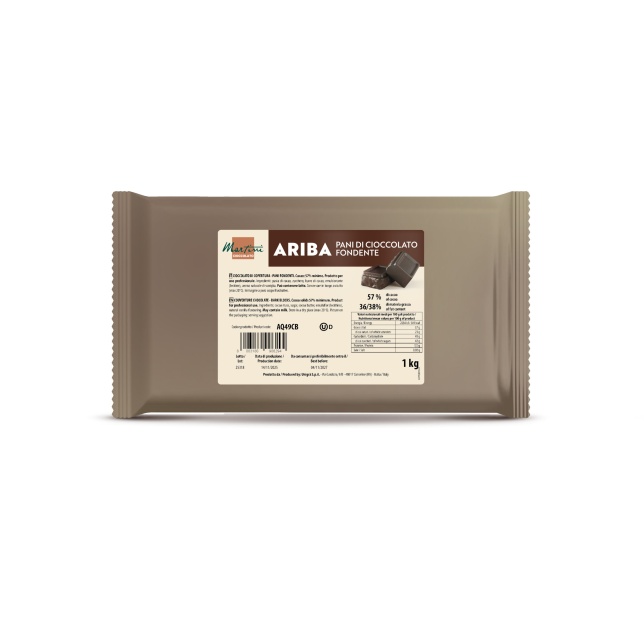 Confezione marrone da 1kg di blocchi di cioccolato fondente Martini Ariba, 57% cacao, con pezzi spezzettati