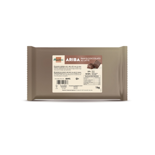 Confezione da 1kg in plastica beige di blocchi cioccolato al latte Martini Ariba, 32% cacao, con etichetta e pezzi