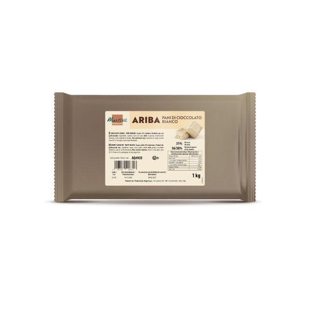 Confezione da 1kg di cioccolato bianco Marchesi Ariba in blocchi, involucro beige con etichetta nutrizionale.