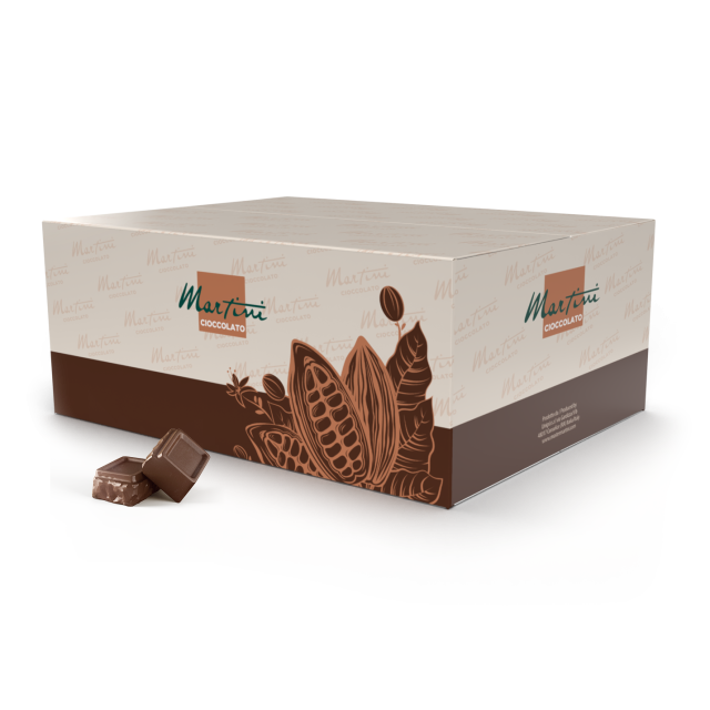 Scatola crema e marrone di Martini Cioccolato con baccelli di cacao, e due quadrati di cioccolato al latte.