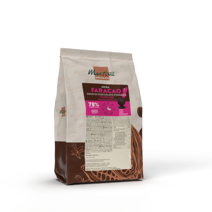 Sacchetto di dischi di cioccolato fondente Martini Ariba Faracao 78% dal Madagascar, confezione marrone e rosa.