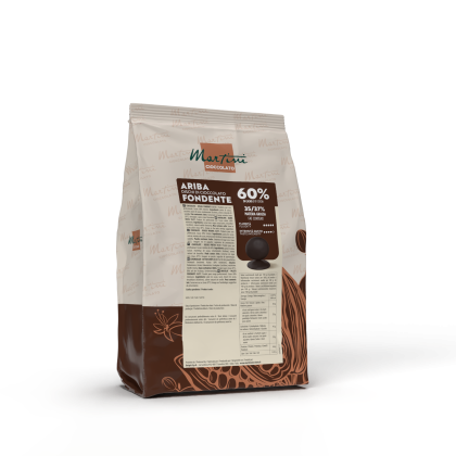 Sacchetto di dischetti di cioccolato fondente Martini Ariba 60% con percentuale di cacao sulla confezione