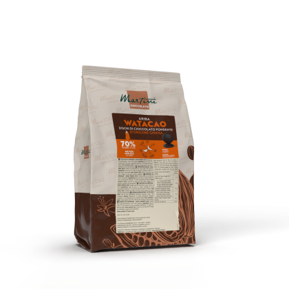Sacchetto di dischi di cioccolato fondente Martini Cioccolato Ariba Watacao 70% dal Ghana, su sfondo bianco.
