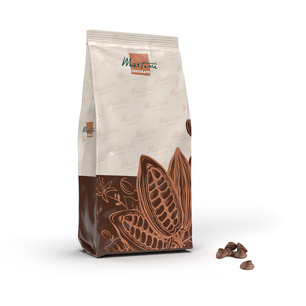 Sacchetto Martini Cioccolato con illustrazioni di baccelli di cacao, accanto a gocce di cioccolato.