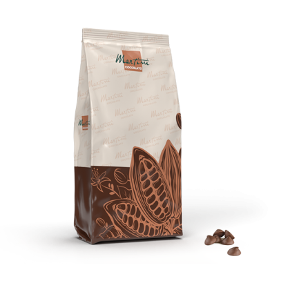 Sacchetto Martini Cioccolato con illustrazioni di baccelli di cacao, accanto a gocce di cioccolato.