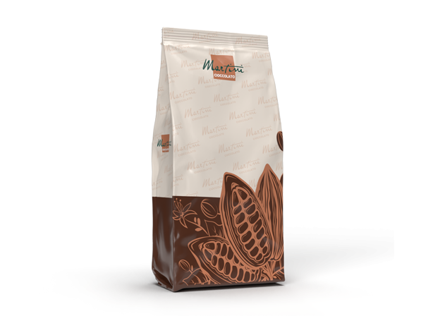 Busta di cioccolata calda Martini Cioccolato con etichetta panna e illustrazioni di baccelli di cacao