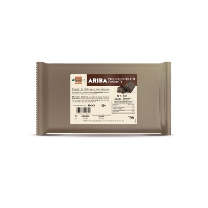 Sacchetto da 1kg di blocchi di cioccolato fondente Martorani Ariba, 72% cacao, con etichetta nutrizionale su confezio...
