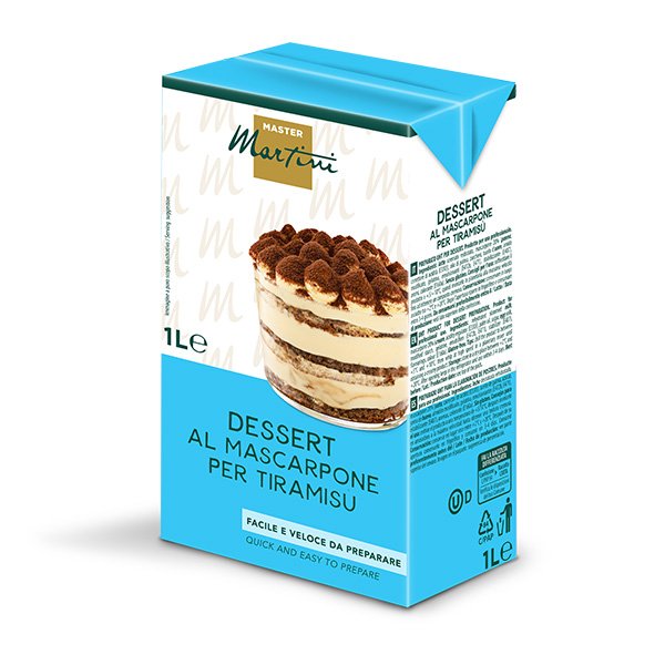 Confezione da 1L di preparato mascarpone Master Martini per tiramisù, packaging blu con foto tiramisù.
