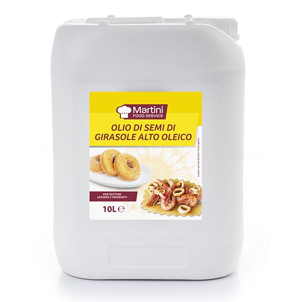 Tanica da 10L di olio di semi di girasole alto oleico Martini Food Service, con ciambelle fritte e pesce
