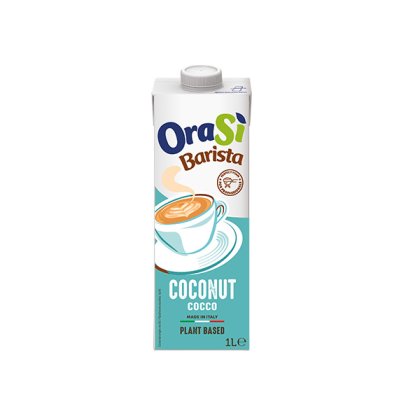 Cartone da 1 litro di bevanda vegetale OraSì Barista Coconut, packaging verde acqua con tazza da latte, made in Italy.