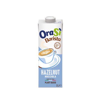 Confezione da 1 litro di bevanda vegetale OraSì Barista Hazelnut, etichetta azzurra con illustrazione di cappuccino.