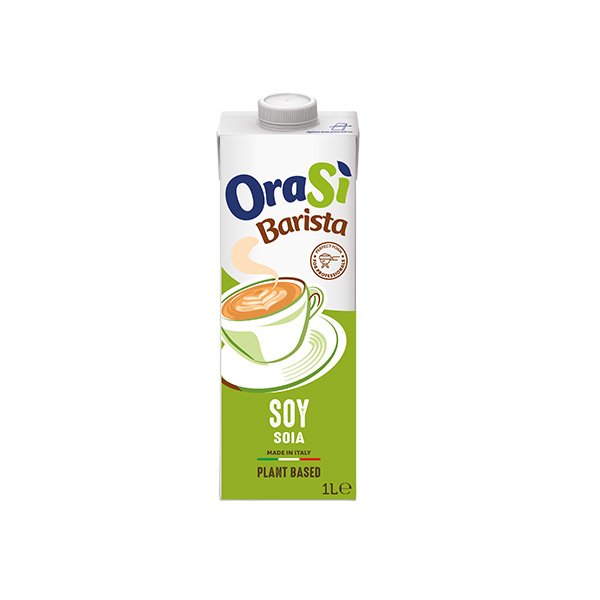 Cartone da 1 litro di bevanda vegetale di soia OraSì Barista, etichetta verde con grafica tazza da latte, prodotto in...