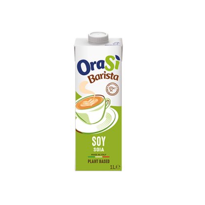 Cartone da 1 litro di bevanda vegetale di soia OraSì Barista, etichetta verde con grafica tazza da latte, prodotto in...