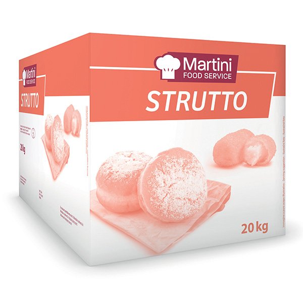 Scatola da 20kg di Martini Food Service Strutto con pasticcini spolverati su un tagliere.