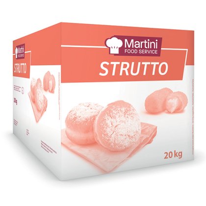 Scatola da 20kg di Martini Food Service Strutto con pasticcini spolverati su un tagliere.