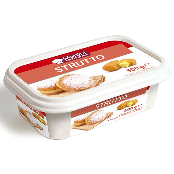 Vaschetta di plastica bianca Martini Food Service Strutto, 500g, etichetta rossa con ciambelle zuccherate.