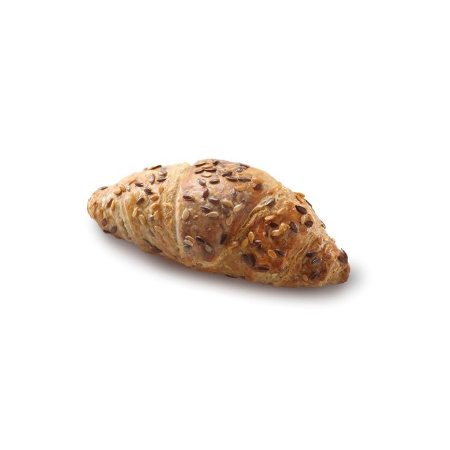 Croissant dorato al forno con semi misti, su sfondo bianco.