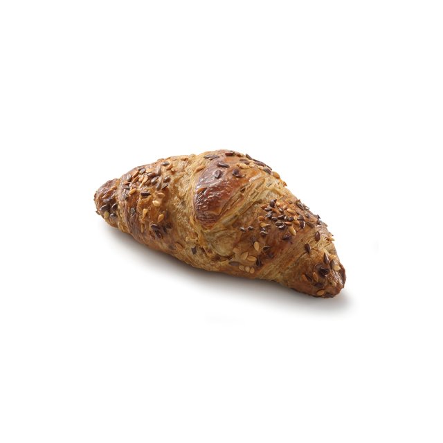 Croissant multicereali dorato con semi misti, su sfondo bianco.