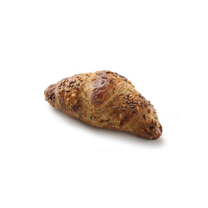 Croissant multicereali dorato con semi misti, su sfondo bianco.