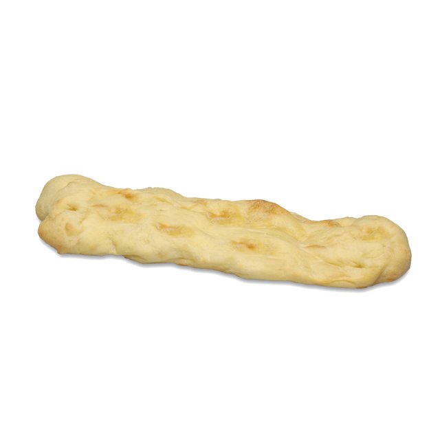 Filoncino di pane morbido tipo baguette con crosta dorata chiara, disposto in diagonale su sfondo bianco.