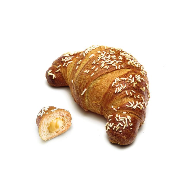 Cornetto dorato con codette bianche, accanto a un pezzo tagliato che rivela il ripieno cremoso alla vaniglia.
