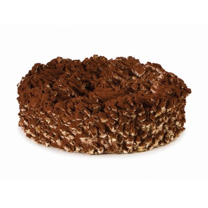 Torta rotonda al cioccolato ricoperta di briciole di biscotto e spolverata di cacao, su sfondo bianco.