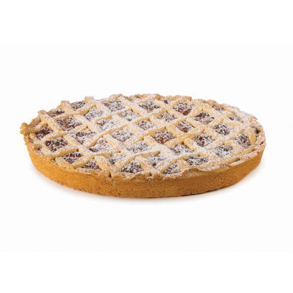 Crostata rotonda con reticolo dorato di frolla e zucchero a velo, con ripieno di frutta in vista.