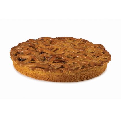 Torta rotonda con crosta a griglia e superficie dorata, su sfondo bianco.