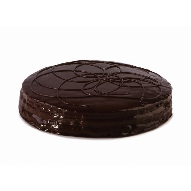 Torta rotonda glassata al cioccolato con decorazione a spirale, su sfondo bianco.