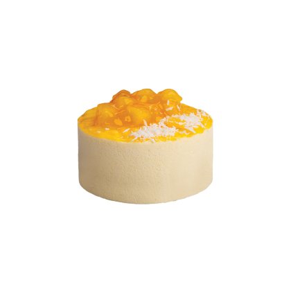 Torta rotonda alla mousse di mango con glassa lucida ai frutti arancioni e cocco su base color crema