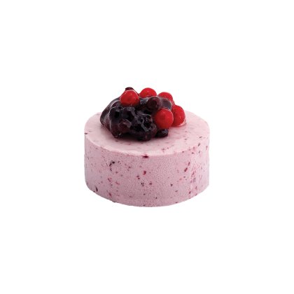 Torta mousse rotonda con esterno rosa screziato ai frutti di bosco, guarnita con frutti misti glassati