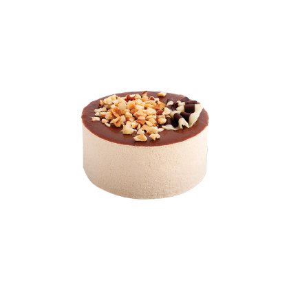 Torta rotonda con bordo glassato beige, ganache al cioccolato, granella di nocciole e decorazioni di cioccolato bianc...