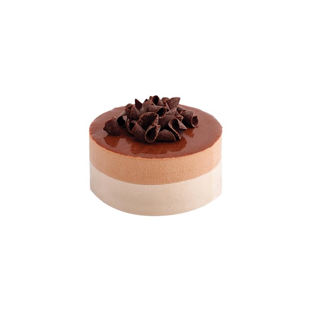 Torta rotonda a strati con mousse al cioccolato, glassa lucida e riccioli di cioccolato fondente, su base bianca