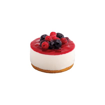 Mini cheesecake con base di pan di Spagna, crema bianca e glassa ai frutti rossi, mirtilli e decorazioni