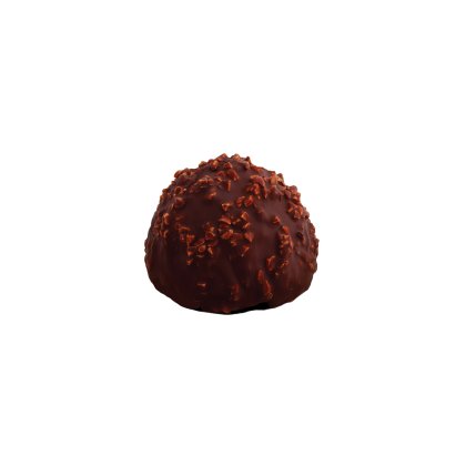 Tartufo di cioccolato fondente ricoperto di granella croccante di cacao, su sfondo bianco.