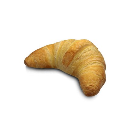 Croissant dorato a forma di mezzaluna, sfogliato, su sfondo bianco.