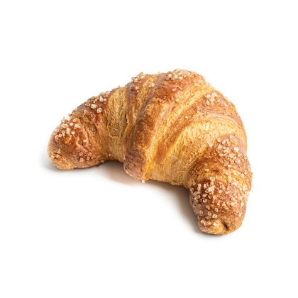 Croissant dorato e sfogliato, a forma ricurva, ricoperto di zucchero in granella, su sfondo bianco.