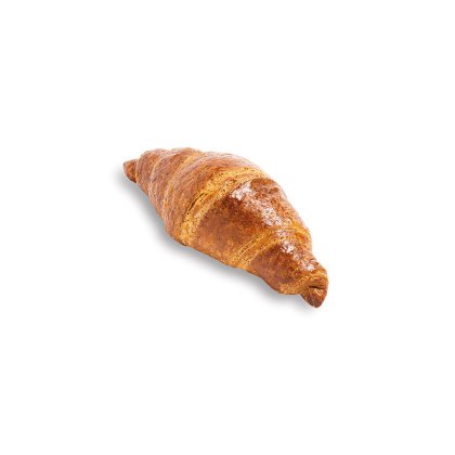 Croissant dorato con crosta lucida e friabile, su sfondo bianco.