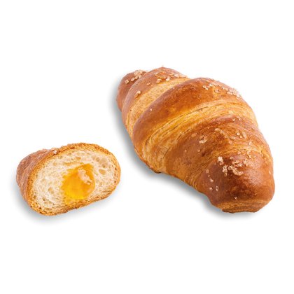 Croissant pretzel dorato con zucchero in granella, intero e tagliato con farcitura di confettura di albicocche.